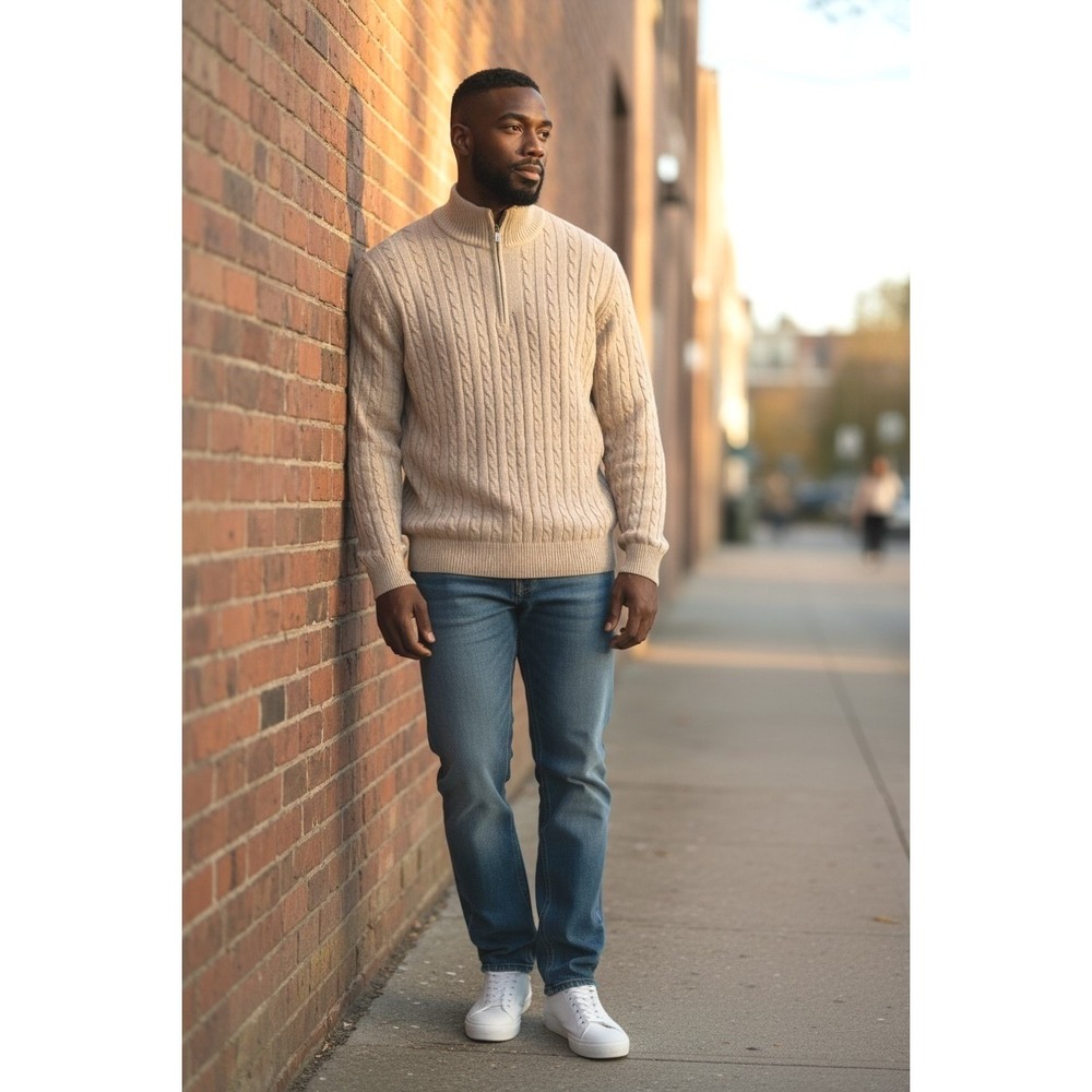Tommy Bahama Beige Diamond Cable Knit Sweater Men's XXL Pullover Quarter Zip